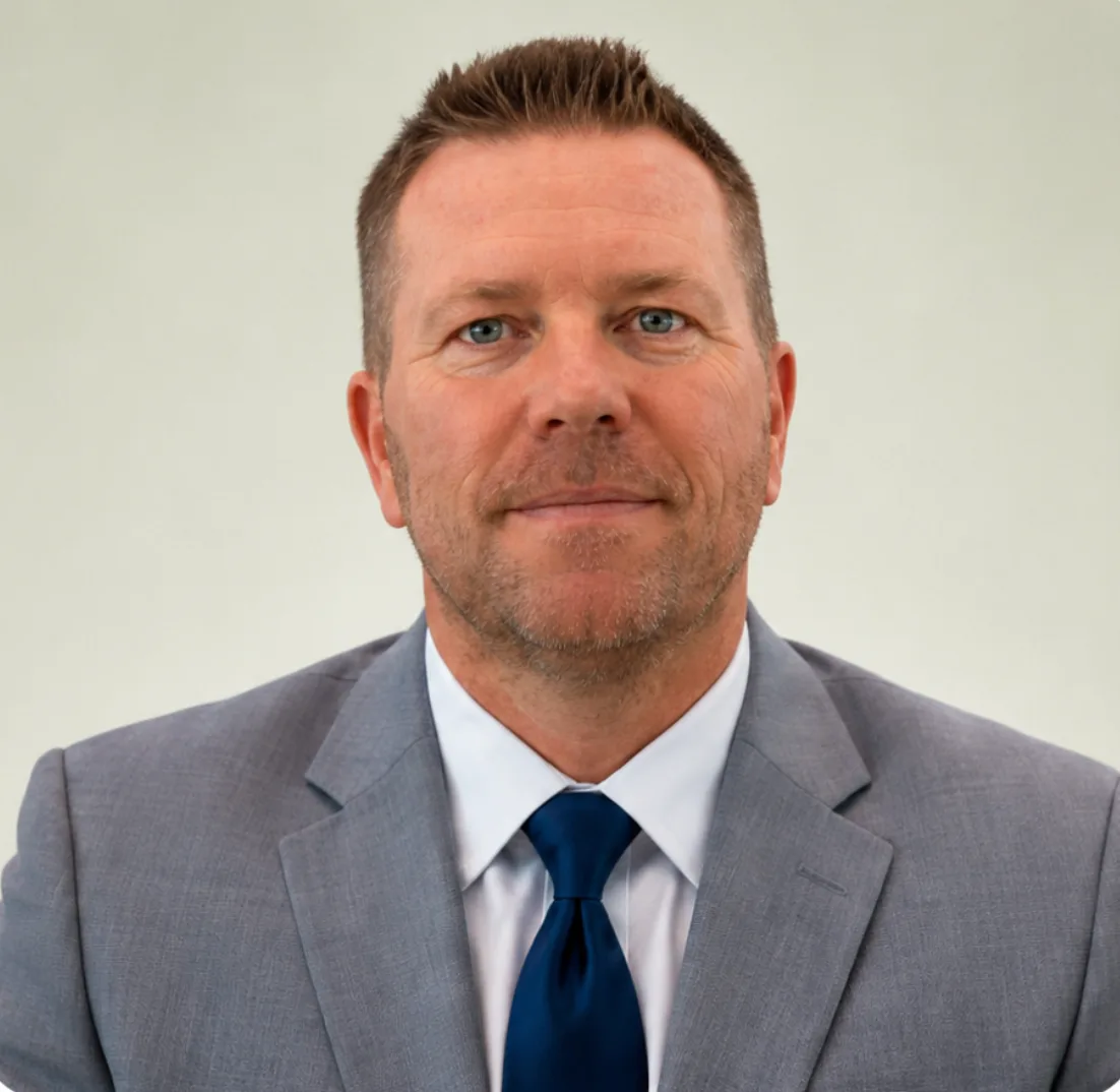 Professional headshot of man in gray suit with blue tie against neutral background