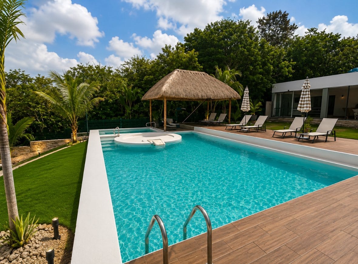 Pool and tropical grounds at Iboga Wellness Institute Ocean Sanctuary in Cozumel