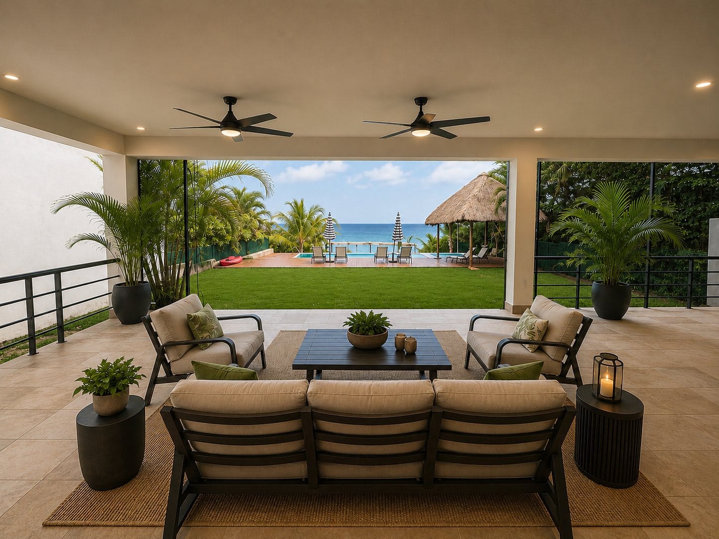 Covered terrace with ocean view at Iboga Wellness Institute Ocean Sanctuary in Cozumel