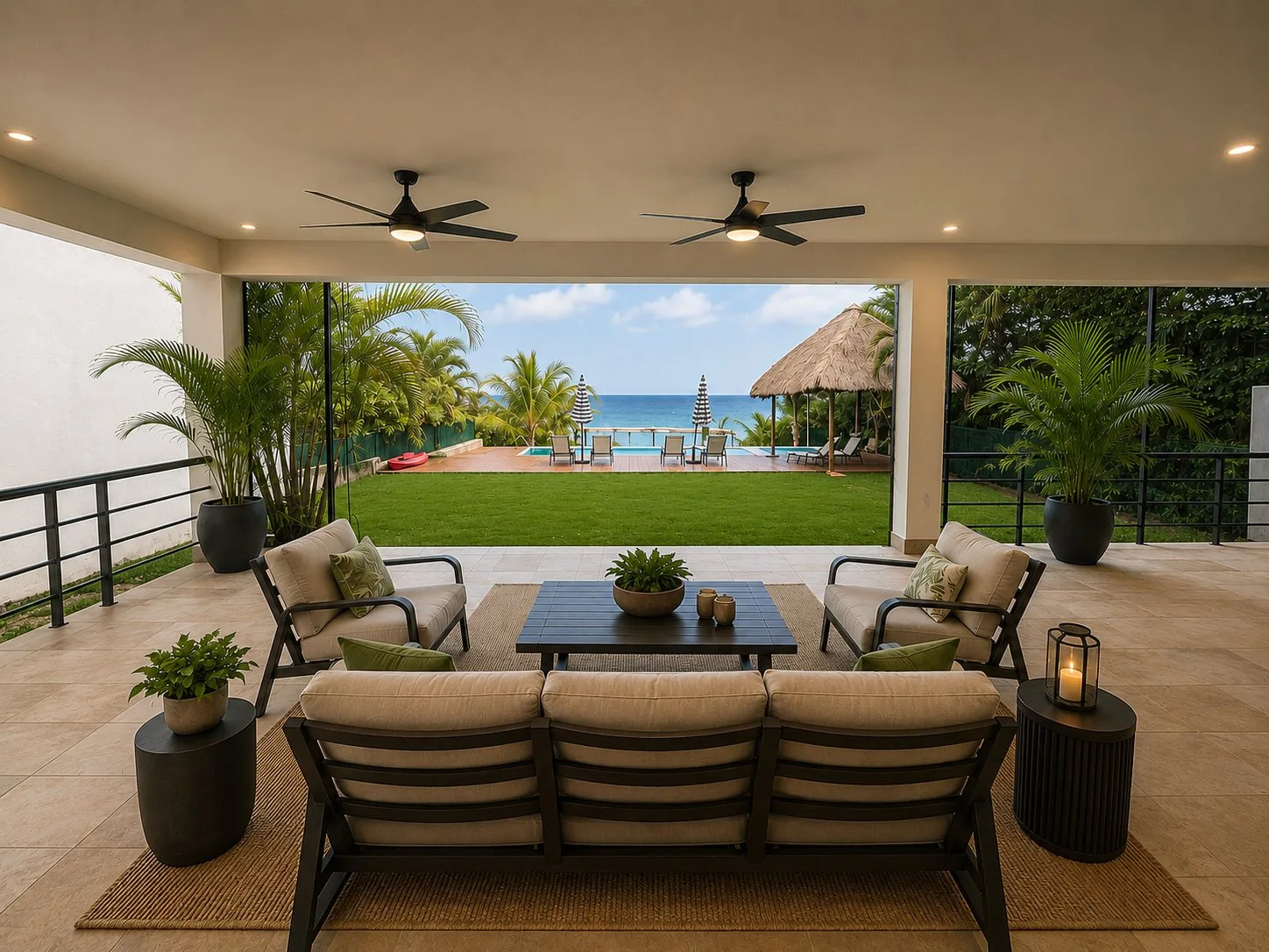 Covered terrace with ocean view at Iboga Wellness Institute Azure Cove at IWI in Cozumel