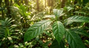 Close-up of vibrant green iboga plant leaves in natural sunlight, showing the botanical source of ibogaine used in addiction treatment
