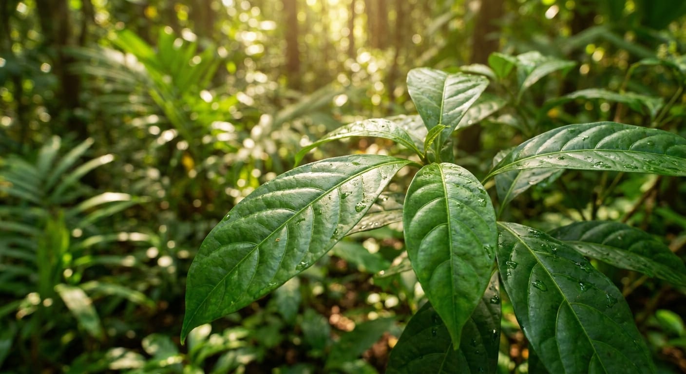 Close-up of vibrant green iboga plant leaves in natural sunlight, showing the botanical source of ibogaine used in addiction treatment