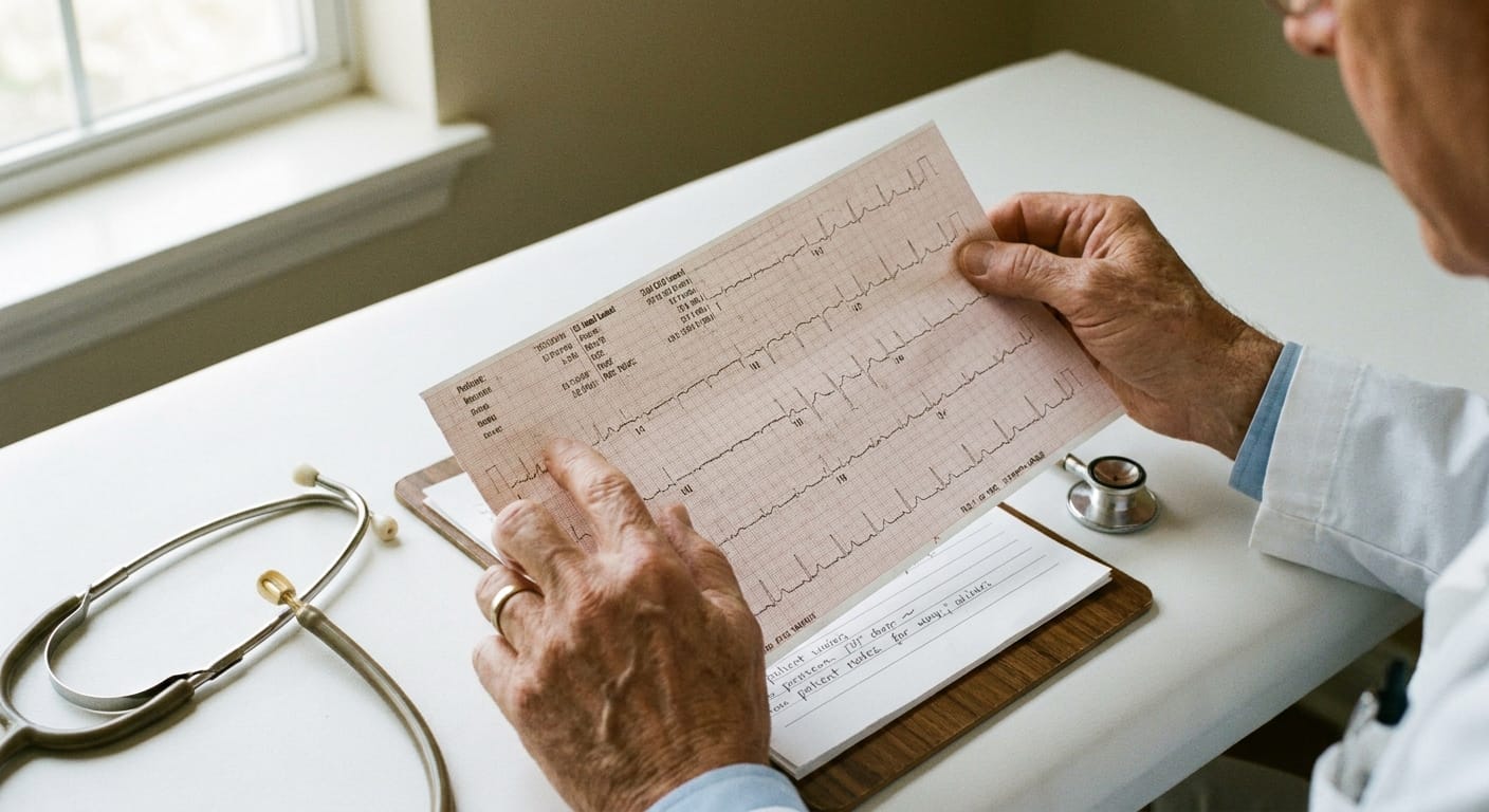 Physician reviewing a 12-lead ECG readout during medical screening process