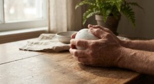 Hands holding smooth stone during contemplative moment in wellness therapy session