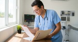 Physician reviewing ECG results and patient medical chart at clinical workstation during ibogaine treatment preparation