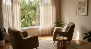 Quiet therapy consultation room with two chairs and natural light at a medical wellness clinic