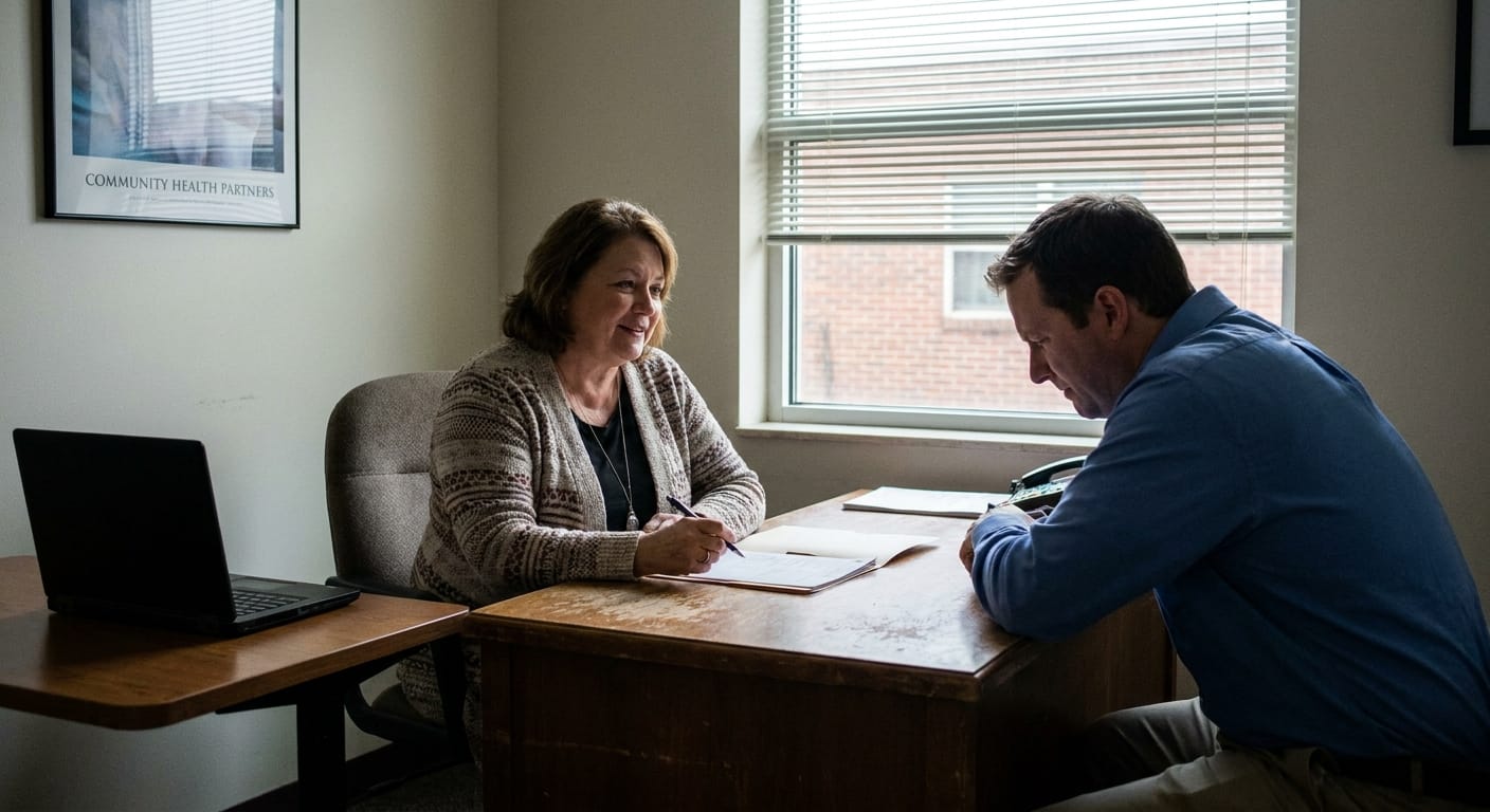 Physician consulting with family member about opioid addiction treatment options in a Columbus, Ohio medical office