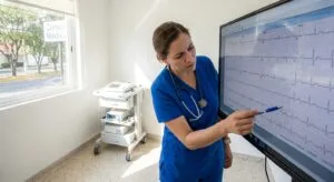 Physician reviewing cardiac ECG monitor during pre-treatment medical screening at ibogaine clinic