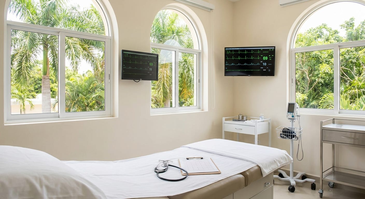 Medical examination room in licensed Cozumel clinic with cardiac monitoring equipment and natural tropical daylight, representing physician-supervised ibogaine treatment setting
