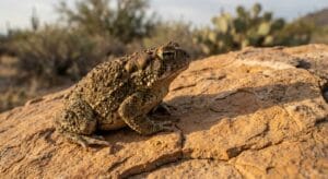 Bufo alvarius toad on desert rock in natural habitat, the natural source of 5-MeO-DMT used in therapeutic contexts
