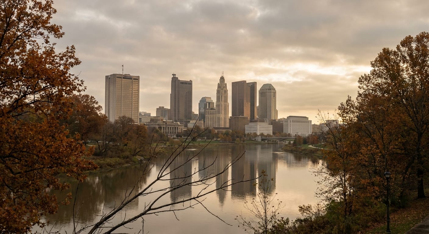 Dawn breaking over downtown Columbus skyline with Scioto River, representing hope and new beginnings for recovery