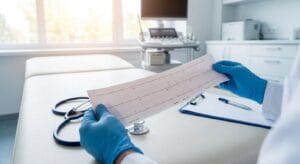 Medical professional reviewing ECG results during pre-treatment cardiac screening at a clinical facility