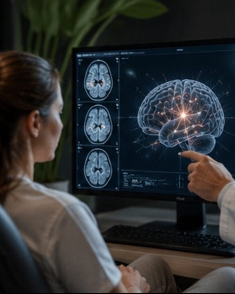 Physician reviewing neurological brain imaging with a patient
