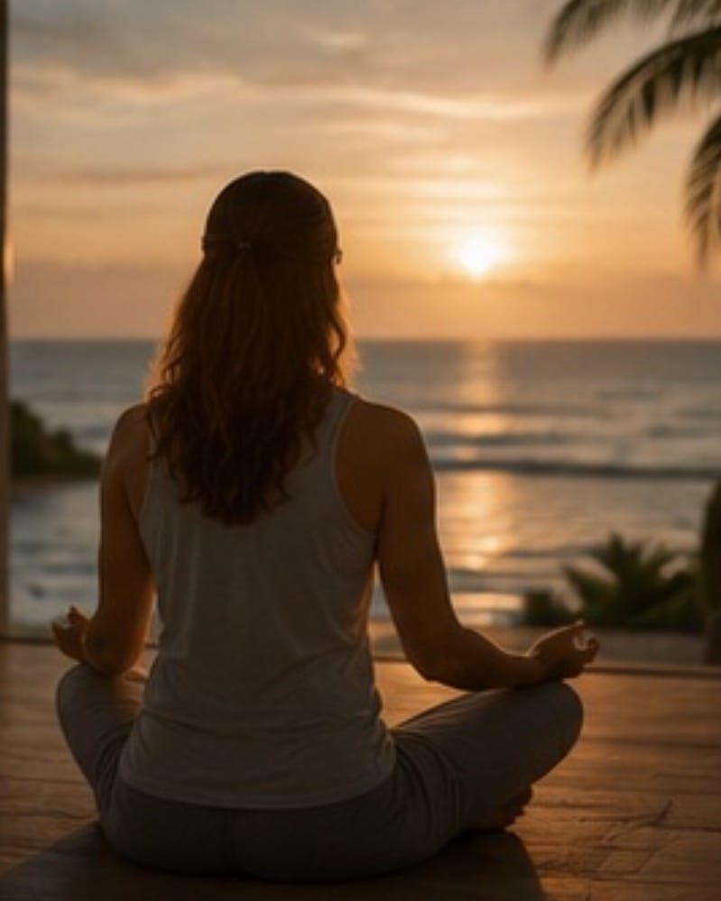 Patient practicing meditation during neurological recovery overlooking the ocean