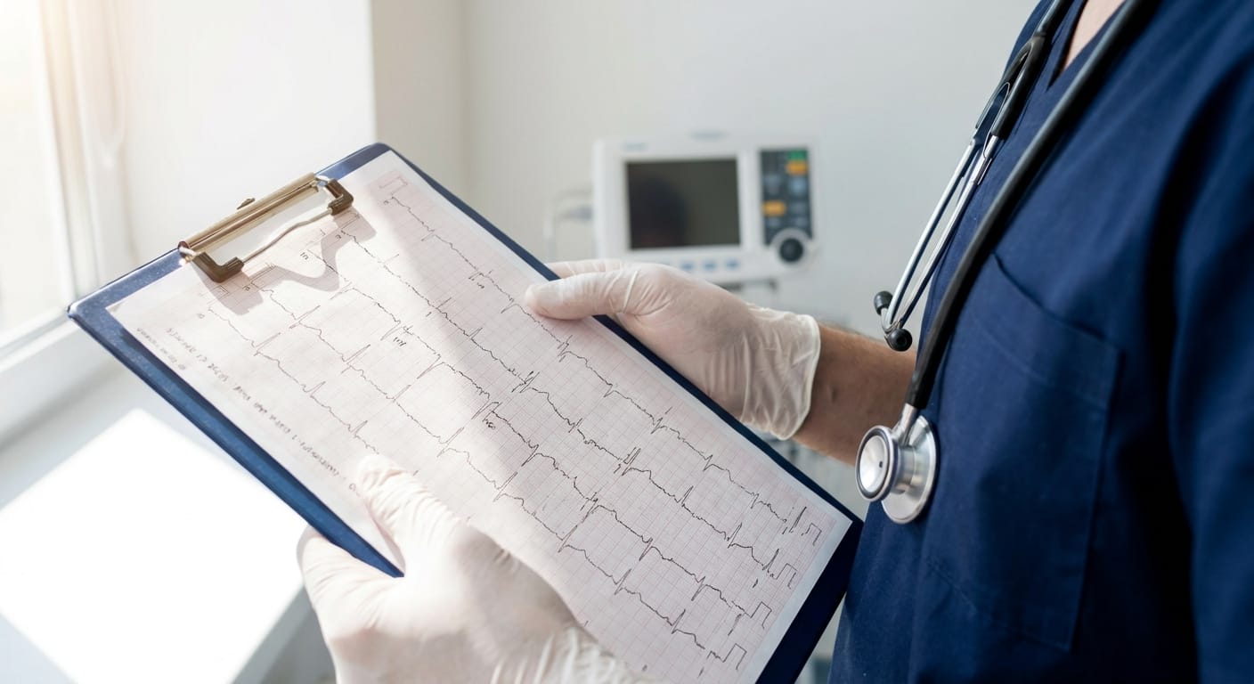 Medical professional reviewing a 12-lead ECG printout in a clinical setting, representing thorough medical screening before ibogaine treatment