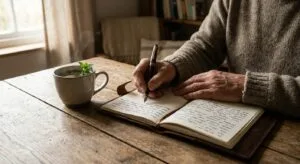 Person writing reflectively in journal during integration therapy session, with natural light and tea on wooden table