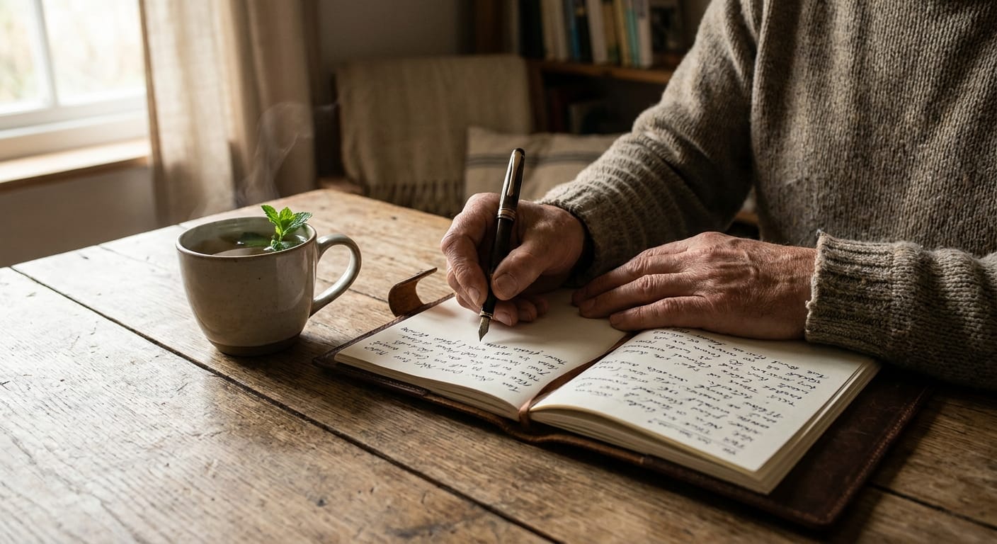 Person writing reflectively in journal during integration therapy session, with natural light and tea on wooden table