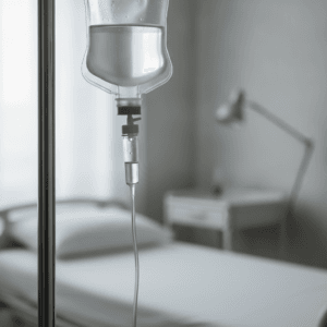 Medical IV drip bag with clear tubing in a clinical treatment room, representing medically supervised detox care