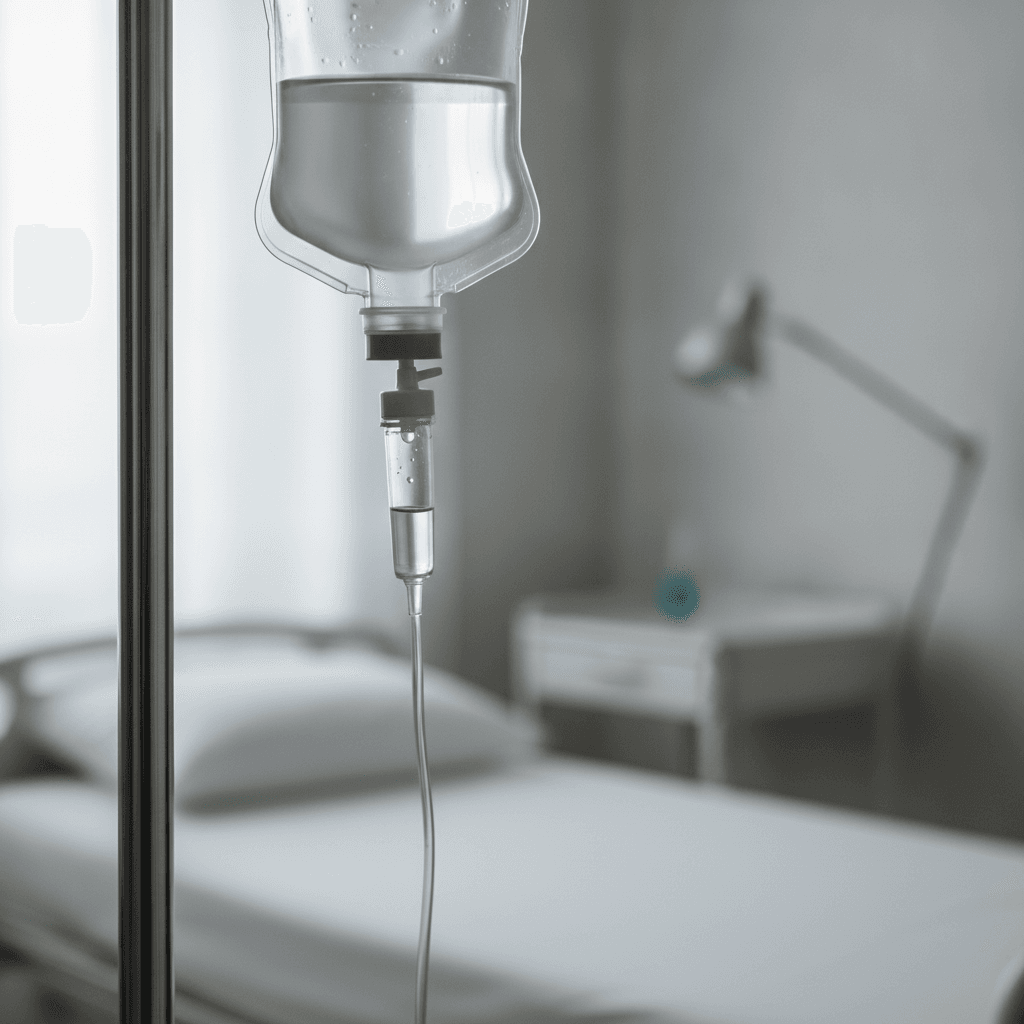 Medical IV drip bag with clear tubing in a clinical treatment room, representing medically supervised detox care