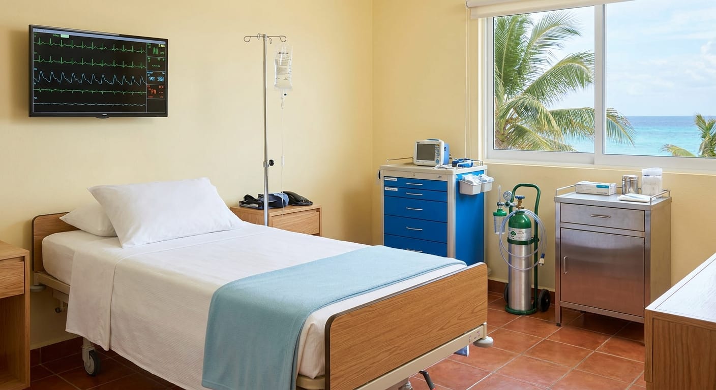 Medical treatment room at Iboga Wellness Institute's Cozumel clinic equipped with cardiac monitoring equipment, IV pole, patient bed, and emergency medical supplies in a bright, naturally-lit space
