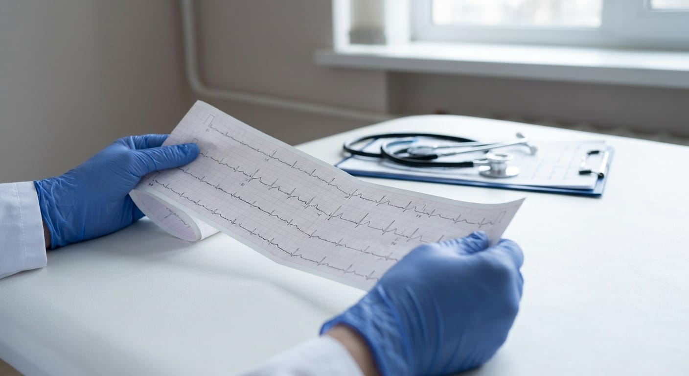 Medical professional reviewing electrocardiogram results and patient charts during pre-treatment cardiac screening for ibogaine detox