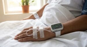 Patient's wrist with cardiac monitoring equipment and IV line on hospital bed, showing medical supervision during ibogaine treatment