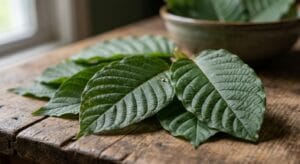 Kratom leaves photographed in natural light showing botanical detail and texture