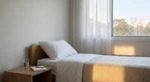 Peaceful empty recovery room with natural morning light streaming through window, symbolizing hope and new beginnings in addiction recovery