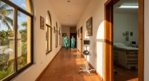 Sunlit medical clinic hallway in Cozumel showing cardiac monitoring equipment and tropical views through windows