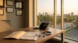Medical intake desk in Columbus office with patient folder, stethoscope, and phone bathed in natural afternoon light