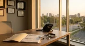 Medical intake desk in Columbus office with patient folder, stethoscope, and phone bathed in natural afternoon light