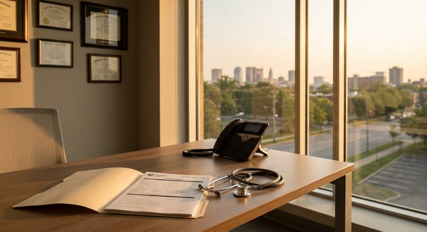 Medical intake desk in Columbus office with patient folder, stethoscope, and phone bathed in natural afternoon light