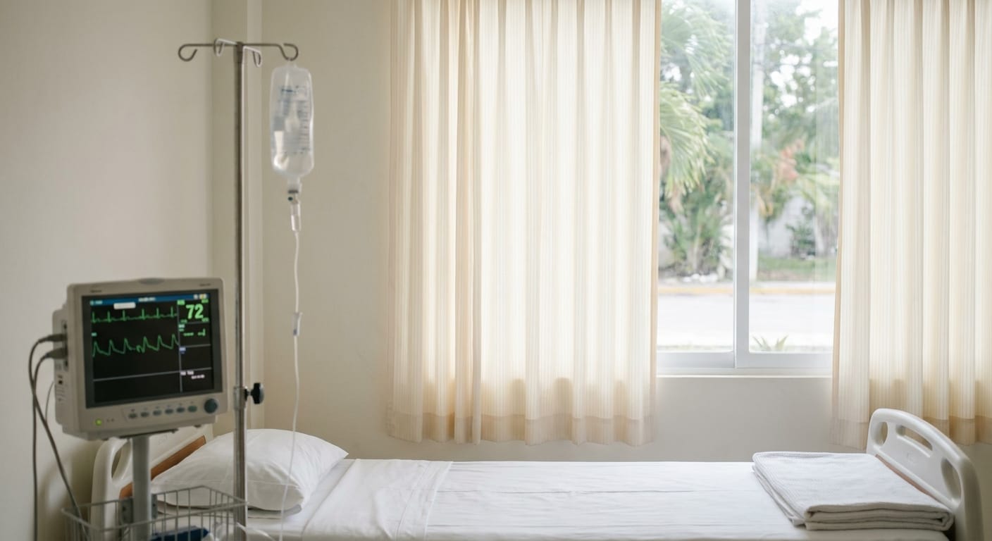 Medical monitoring equipment including cardiac telemetry and IV stand in a clean, naturally-lit clinic room in Cozumel prepared for medically supervised addiction treatment